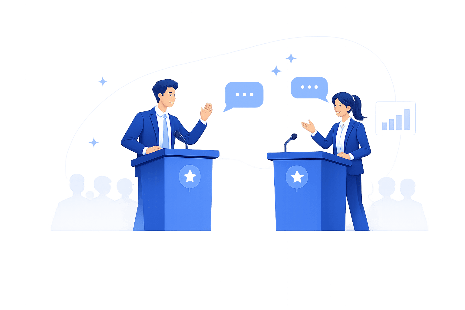 Two debaters standing at podiums in a clean blue illustration