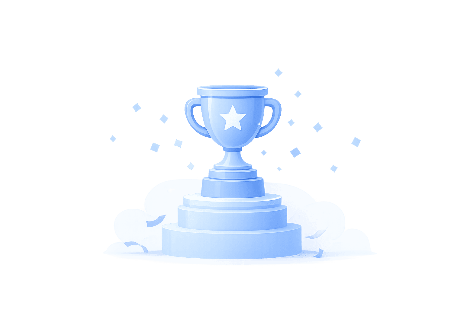 Blue trophy standing on a podium with confetti